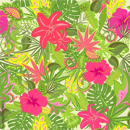 Summery tropical wallpaper with colorful leaves and flowers