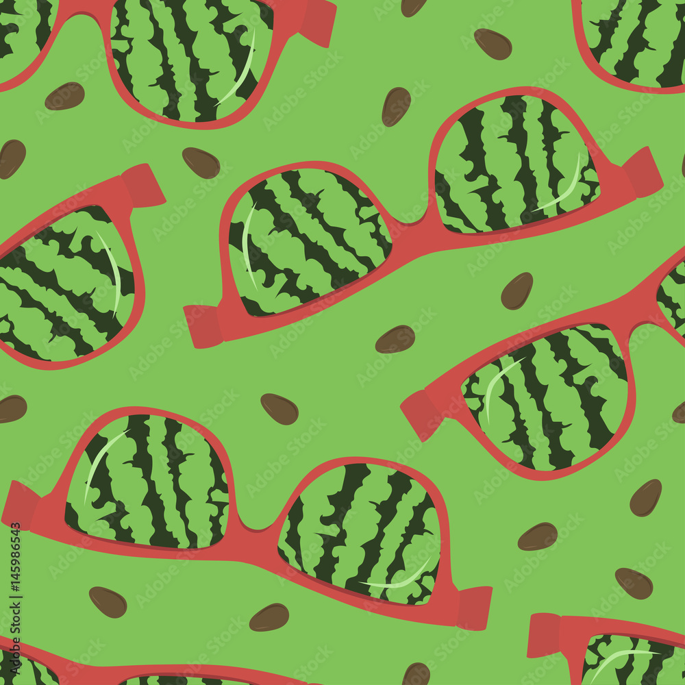Retro sunglasses with reflection of watermelon on a bright green background . Seamless vector illustration. Retro sunglasses with reflection of watermelon on a bright green background . Seamless vector illustration.