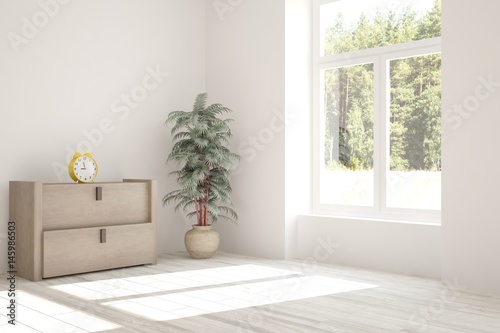 Fototapeta Naklejka Na Ścianę i Meble -  White empty room with green landscape in window. Scandinavian interior design. 3D illustration