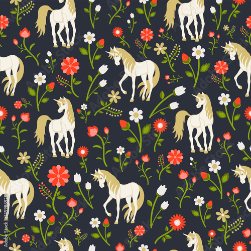 Seamless texture, floral pattern with magic unicorns