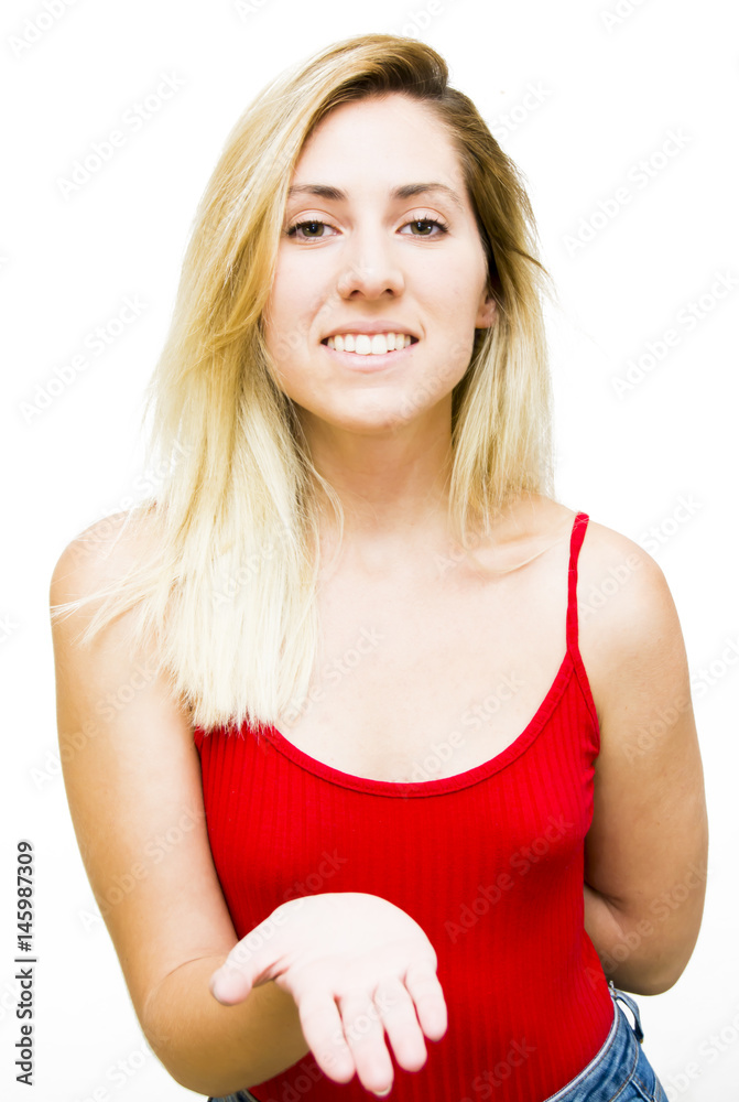 Portrait of a beautiful blond woman with her open hand Portrait of a beautiful blond woman with her open hand