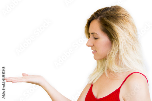 Portrait of a beautiful blond woman with her open hand