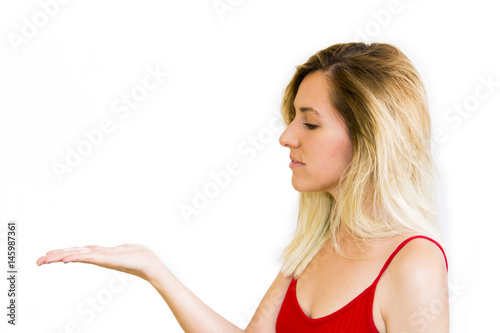 Portrait of a beautiful blond woman with her open hand © Antonio Sanchez