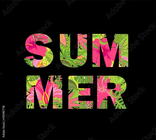 T-shirt print with floral summer lettering isolated on black background