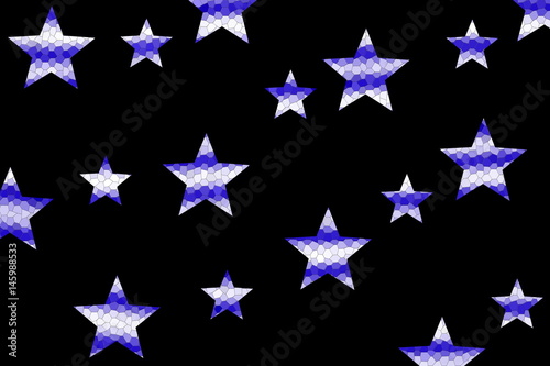 Dark blue and White mosaic stars on a black background