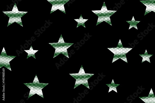 Dark green and White mosaic stars on a black background