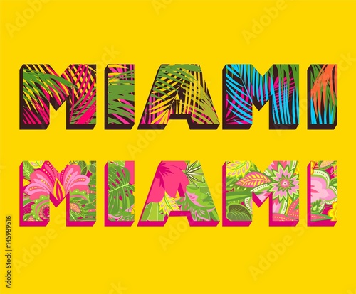 T-shirt prints with Miami lettering with palm leaves and exotic flowers