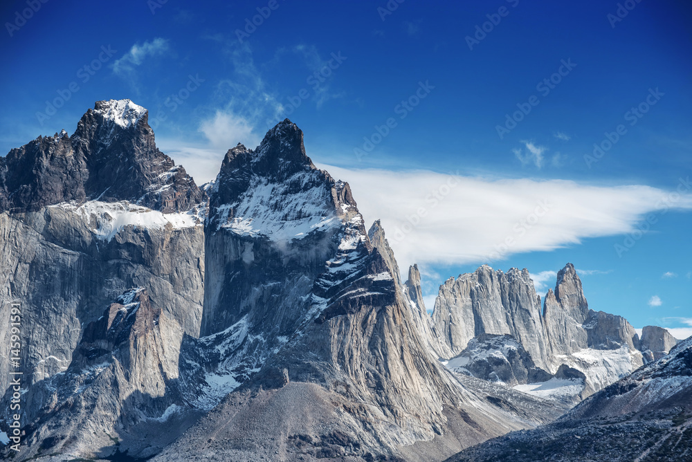 Part of the rugged cordillera at Torres del Paine National Park in Patagonia Chile