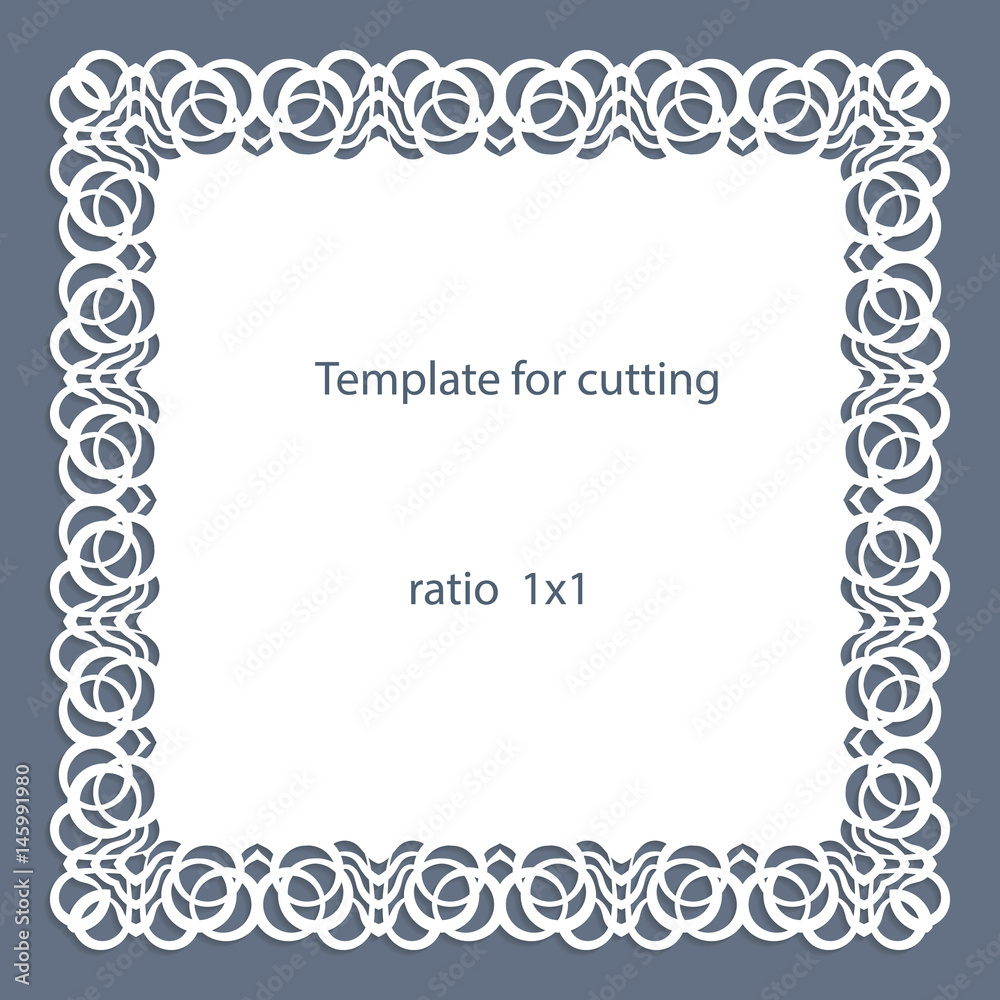 Greeting card with openwork border, paper doily under the cake, template for cutting, wedding invitation, decorative plate is laser cut, vector illustrations.