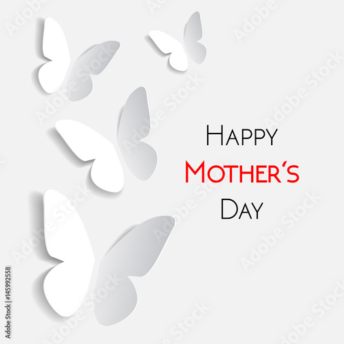 Happy Mother's Day greeting card, white with white paper origami butterflies