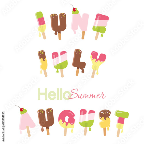June, july, august. Hello summer. Ice cream melted letters isolated on white.