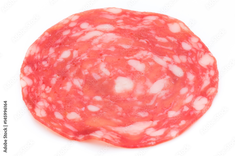 Salami smoked sausage slices isolated on white background cutout. Salami smoked sausage slices isolated on white background cutout.