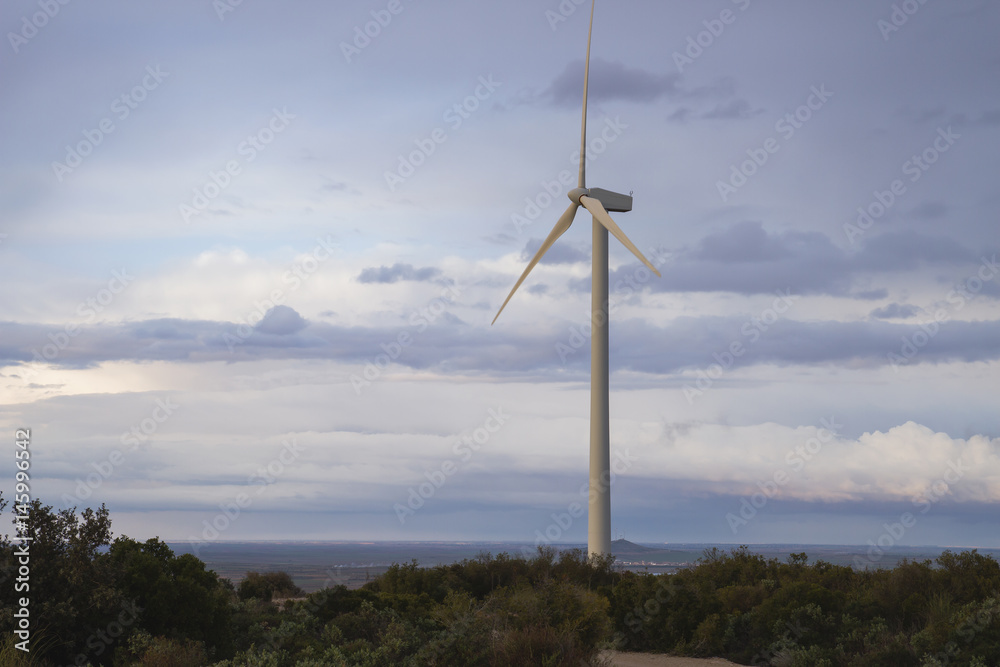 one windmill generating clean and renewable power, environment and ecology background and concept