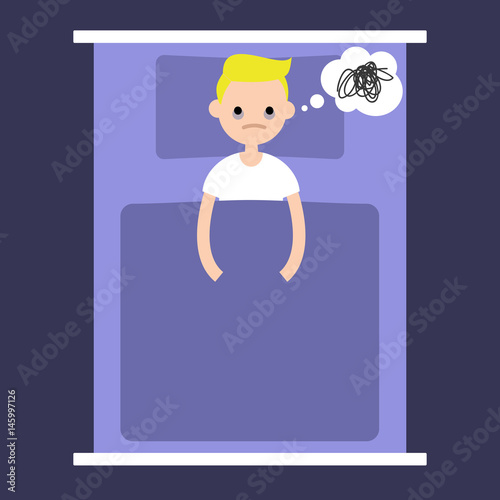 Insomnia conceptual illustration. young blonde boy lying in the bad with open eyes / flat editable vector illustration