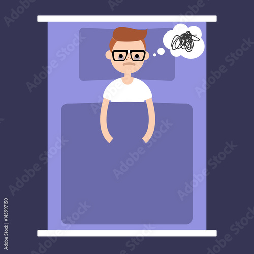 Insomnia conceptual illustration. young nerd lying in the bed with open eyes / flat editable vector illustration