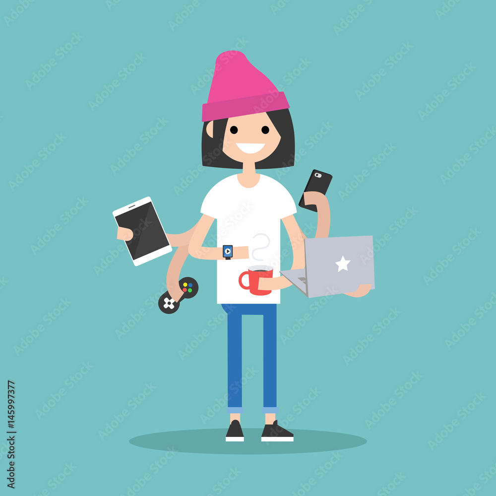 Multitasking millennial concept. young girl using a lot of devices at the same time / flat editable vector illustration Multitasking millennial concept. young girl using a lot of devices at the same time / flat editable vector illustration