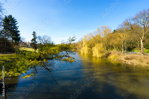 river in a park on a sunny day © lakkot