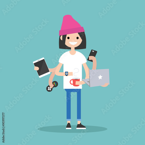 Multitasking millennial concept. young girl using a lot of devices at the same time  / flat editable vector illustration