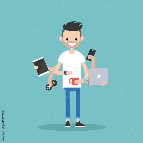 Multitasking millennial concept. young bearded man using a lot of devices at the same time  / flat editable vector illustration