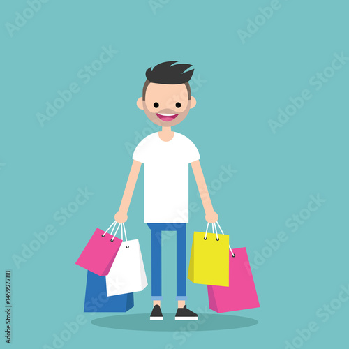 Young trendy bearded man holding shopping bags / flat editable vector illustration