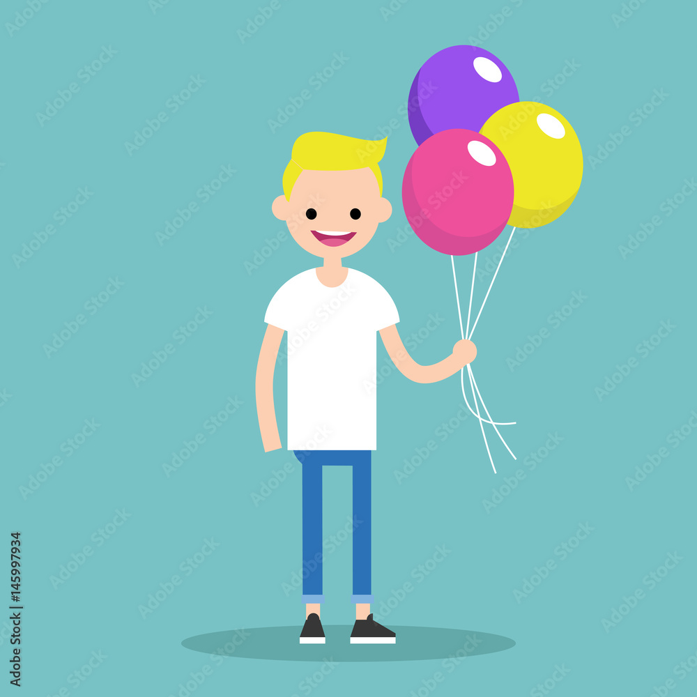 Young blond boy holding a bunch of colourful balloons // editable flat vector illustration Young blond boy holding a bunch of colourful balloons // editable flat vector illustration