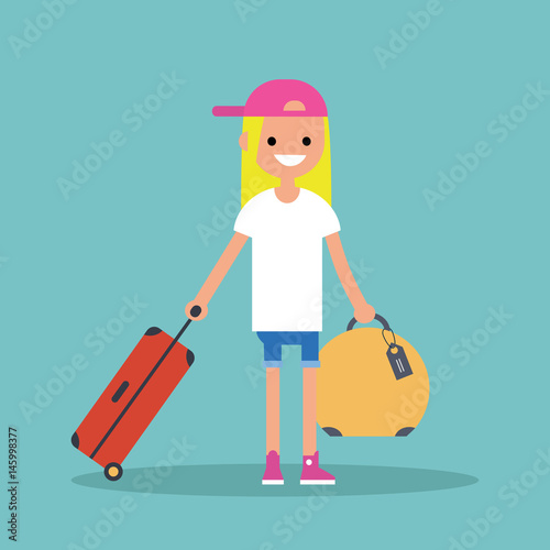 Young teenage girl travelling with her luggage / flat editable vector illustration