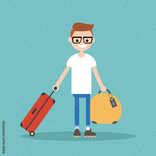 Young nerd travelling with his luggage / flat editable vector illustration