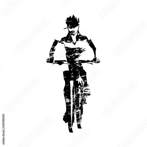 Scratched mountain biker, abstract grungy vector silhouette