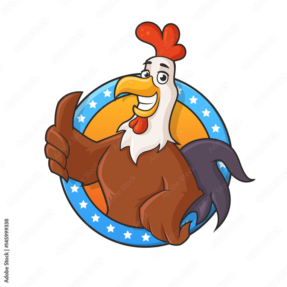 Rooster cartoon mascot vector illustration. Happy cock is coming out of a  circle with stars and showing thumbs up. Stock Vector | Adobe Stock