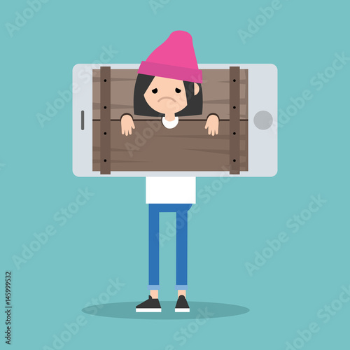 Cyberbullying conceptual illustration. young girl standing locked in the wooden pillory / editable flat vector illustration