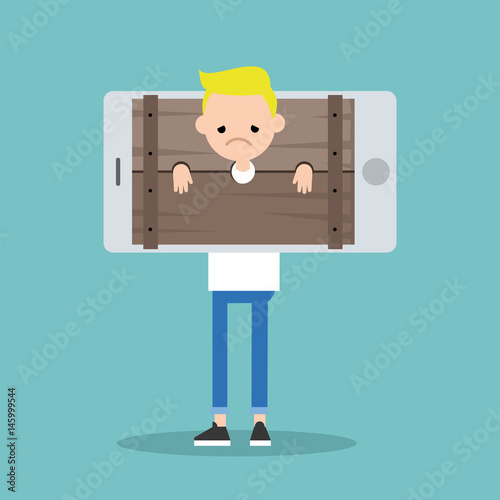 Cyberbullying conceptual illustration. young blond boy standing locked in the wooden pillory / editable flat vector illustration