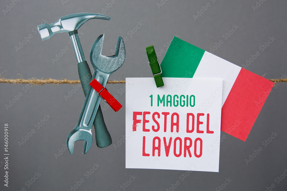 1 May Workers Day or Labour day text in italian. italy flag, Hammer and  wrench - grunge abstract image Stock-Foto | Adobe Stock