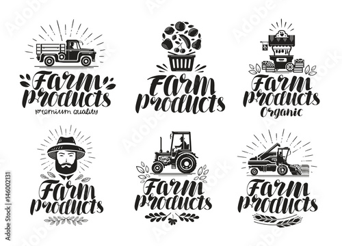 Farm products, label set. Farming, agriculture logo or icon. Lettering vector illustration