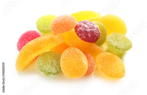 Tasty jelly candies on white background