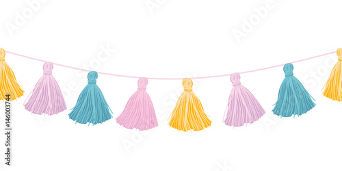 Vector Colorful Pastel Hanging Decorative Tassels With Ropes Horizontal Seamless Repeat Border Pattern. Great for handmade cards, invitations, wallpaper, packaging, nursery designs.