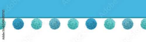 Vector Baby Boy Blue Decorative Pom Poms Horizontal Seamless Repeat Border Pattern. Great for nursery room, handmade cards, invitations, wallpaper, packaging, baby girl designs.