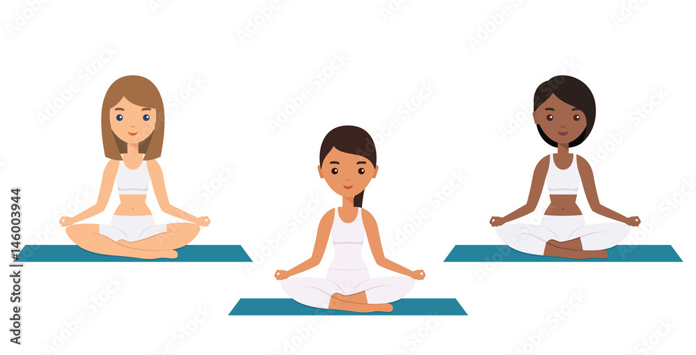 Female characters sitting in lotus yoga pose. Vector. Female characters sitting in lotus yoga pose. Vector.