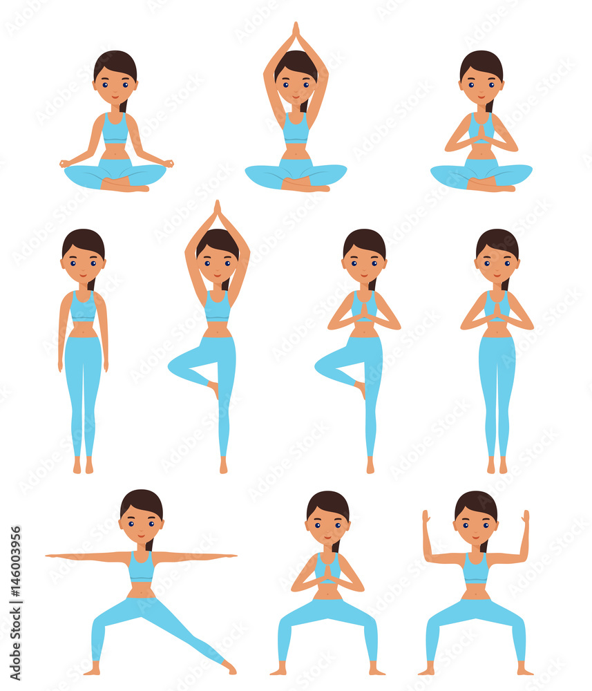 Woman standing in different yoga poses. Vector illustration. Stock Vector
