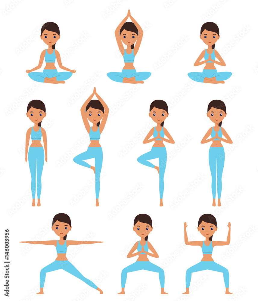 Woman standing in different yoga poses. Vector illustration. Woman standing in different yoga poses. Vector illustration.