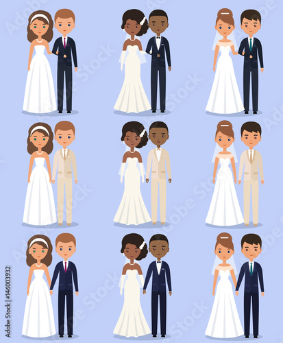 Bride and groom animated characters. Vector illustration.