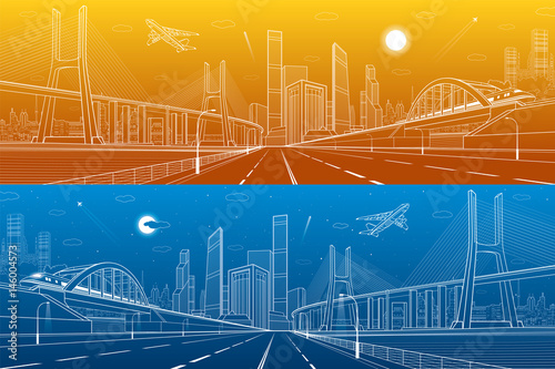 Infrastructure panorama. Large cable-stayed bridge. Train move on the bridge. Airplane fly. Modern city on background, towers and skyscrapers, day and night version, vector design art 