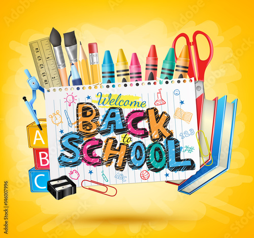 Back to School Colorful Text in White paper with School Items in Yellow Background Vector Illustration
