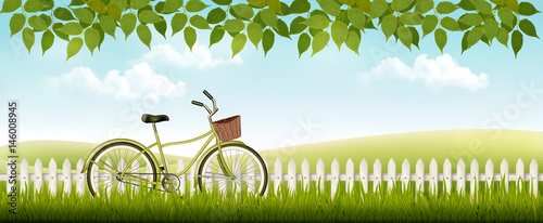 Nature meadow landscape with a bicycle. Vector.
