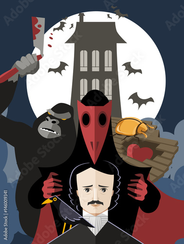 great american horror gothic writer with orangutan razor crime tell tale heart evil cursed house and red mask villain