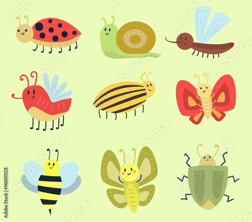 Colorful insects icons isolated wildlife wing detail summer worm caterpillar bugs wild vector illustration.