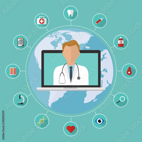 Doctor on internet online laptop for telemedicine with longs shadow medical icon. Vector illustration flat design medical healthcare concept technology trend.