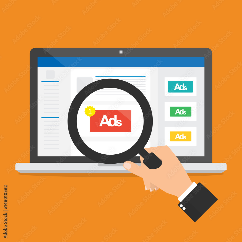 Businessman hand hold a magnifying glass for seeing an advertising on social media website.Vector illustration social ads digital marketing concept. Businessman hand hold a magnifying glass for seeing an advertising on social media website.Vector illustration social ads digital marketing concept.