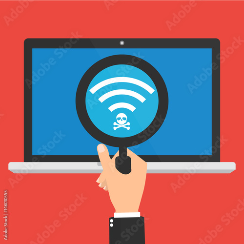 Businessman hand hold a magnifying glass found a computer laptop connect to unsecured public wireless hotspot. Vector illustration business cybercrime concept.