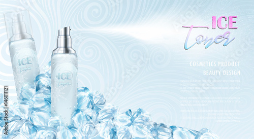 Ice toner ads with blue ice cubes. Silver spray bottle, water drops, cool, refresh, snow. Drawn elements, 3d vector illustration, realistic cosmetics product, white waves background, sparkling effect.
