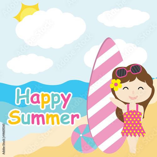 Cute girl and surfing board on the beach vector cartoon, Summer postcard, wallpaper, and greeting card, T-shirt design for kids